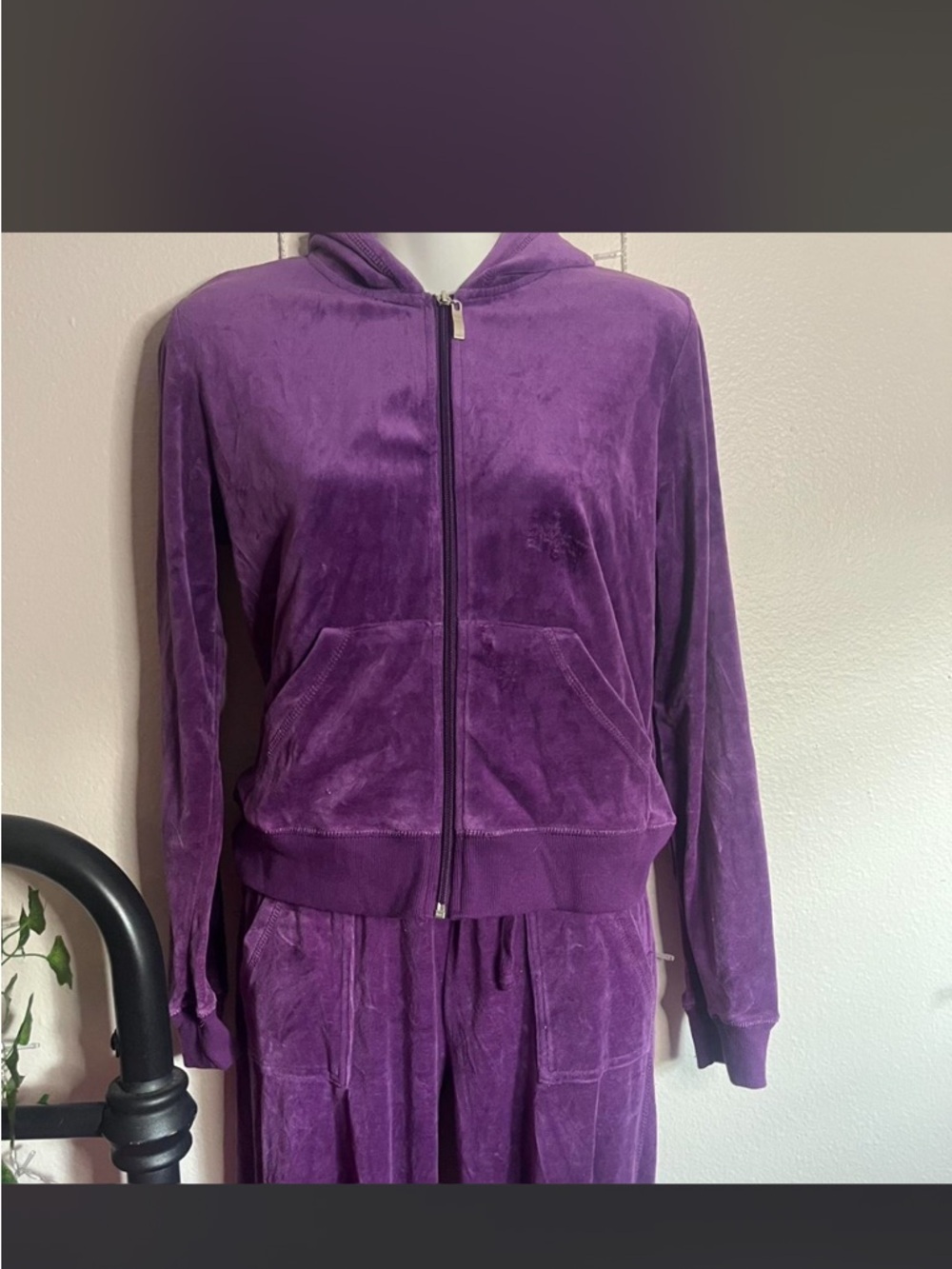 Velour Zip Hoodie and Pants Set - Deep Purple